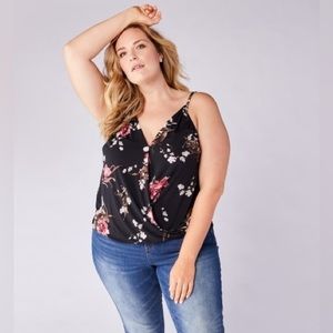 West Kei Women’s Sexy Printed Knit Faux Wrap Cami in Black/Pink Floral 1X NWT